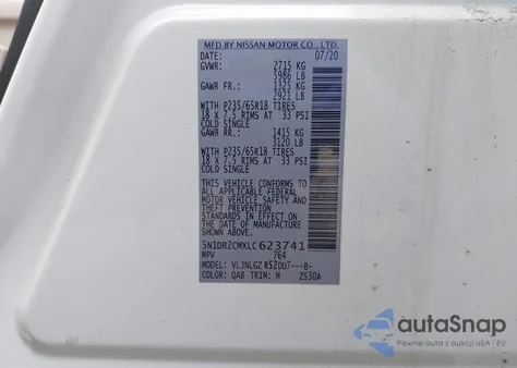 2020 Nissan Pathfinder Sl 4Wd z USA, uszkodzony, nr VIN 5N1DR2CMXLC623741